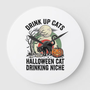 Halloween-Katze trinkt Vintage-Mond-Party-Shirt_1 Große Wanduhr