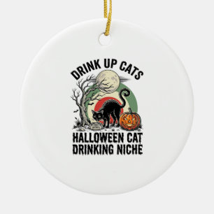 Halloween-Katze trinkt Vintage-Mond-Party-Shirt_1 Keramik Ornament