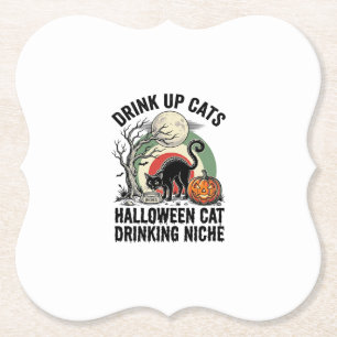 Halloween-Katze trinkt Vintage-Mond-Party-Shirt_1 Untersetzer