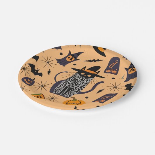 Halloween Katze und Elemente Pappteller (Schrägansicht)