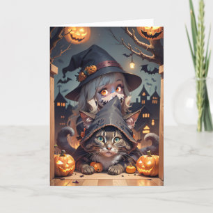 Halloween-Katze und Trick oder Heilkind Feiertagskarte