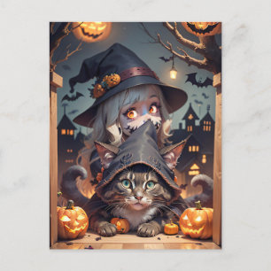 Halloween-Katze und Trick oder Heilkind Feiertagspostkarte