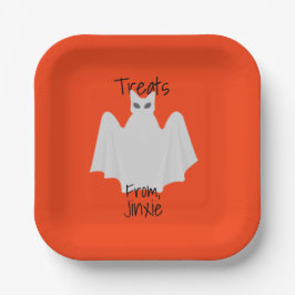 Halloween-Katze, verkleidet wie eine Geisterpapier Pappteller