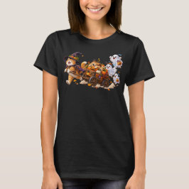 Halloween-Katze zieht Kürbiswagen, während der Hun T-Shirt