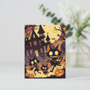 Halloween-Katzen am Spukhaus Feiertagspostkarte