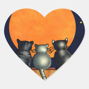 Halloween-Katzen beobachten den Mond - Vintage-Sti Herz-Aufkleber