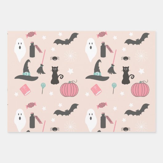 Halloween Katzen, Kürbis und Fledermäuse Geschenkpapier Set (Vorderseite)