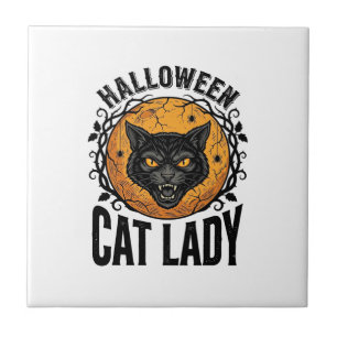 Halloween-Katzen-Lady-Vintage-Schwarze-Katze-Shirt Fliese