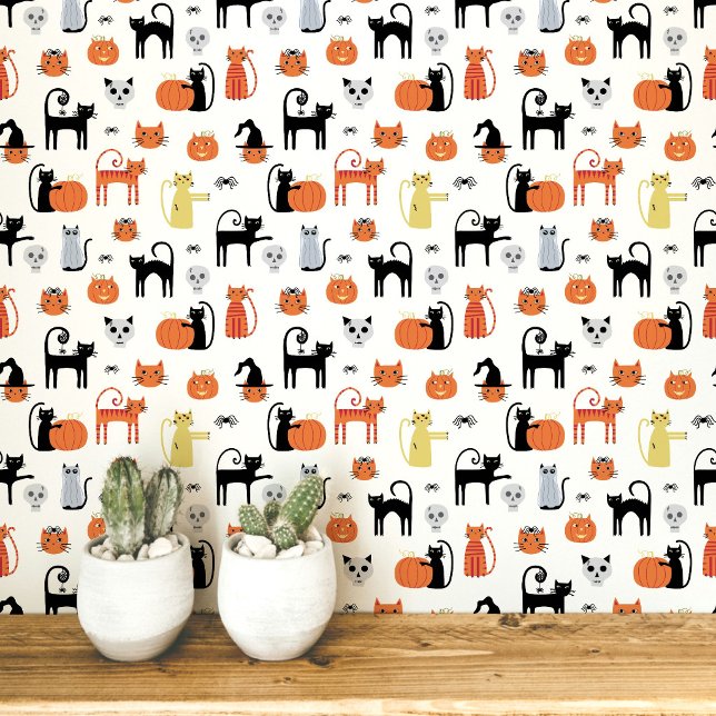 Halloween-Katzen-Muster Tapete (Fun Halloween black and orange cats, pumpkins, witches, zombies and skulls peel and stick wallpaper)