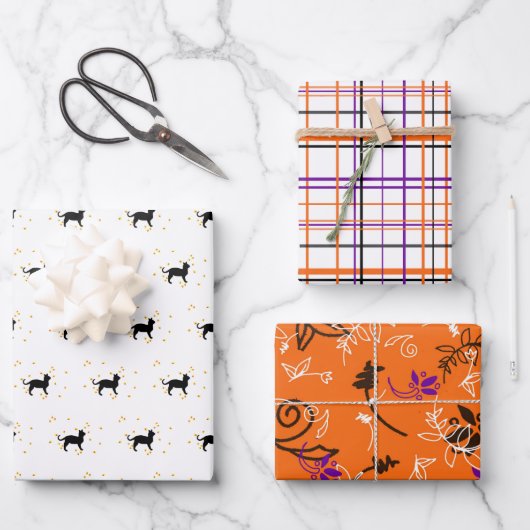 Halloween Katzen, Pflaumen und Blume Geschenkpapier Set (Vorderseite)