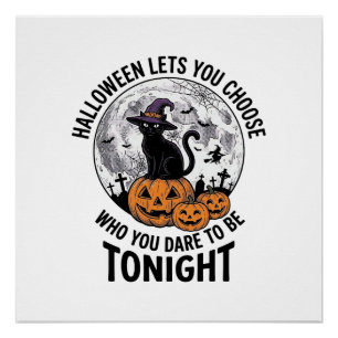 Halloween-Katzen-Zitat Gruseliger Kürbis-Hexen-Gra Poster