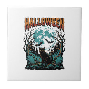 Halloween-Katzenfriedhof Vintage-Gravur-Shirt_1 Fliese