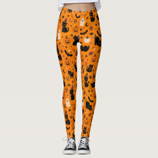 Halloween-Katzenleggings, Orange Gruselige Schwarz Leggings