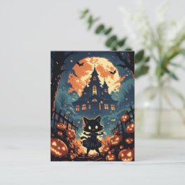 Halloween-Katzmädchen im Spukhaus Feiertagspostkarte