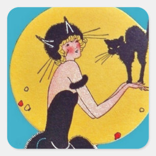 Halloween-Katzmädchen und schwarze Katze Quadratischer Aufkleber