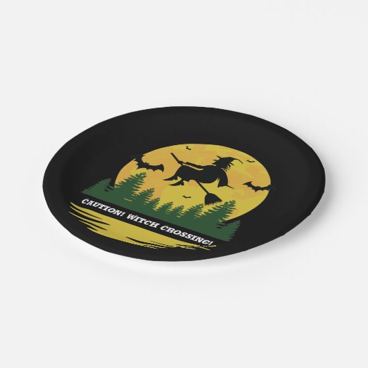 Halloween Kaution Hexe überquert flying Broomstick Pappteller (Schrägansicht)