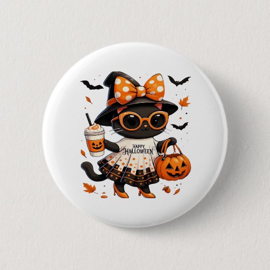 Halloween Kawaii Cat - Hexenkatze mit Pumpkin und Button (Vorderseite)