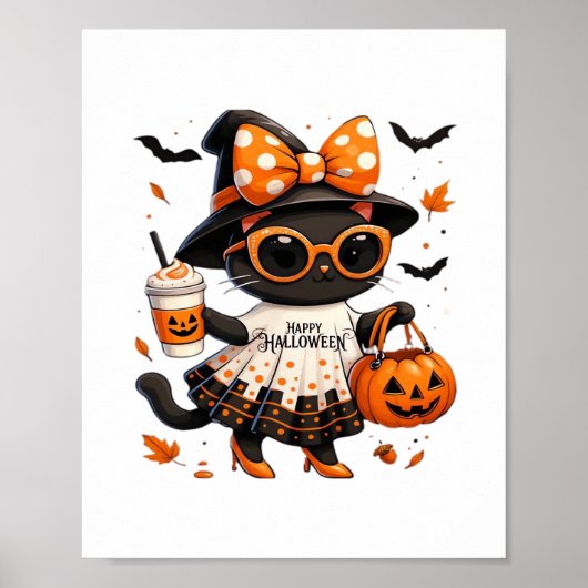 Halloween Kawaii Cat - Hexenkatze mit Pumpkin und Poster (Vorne)