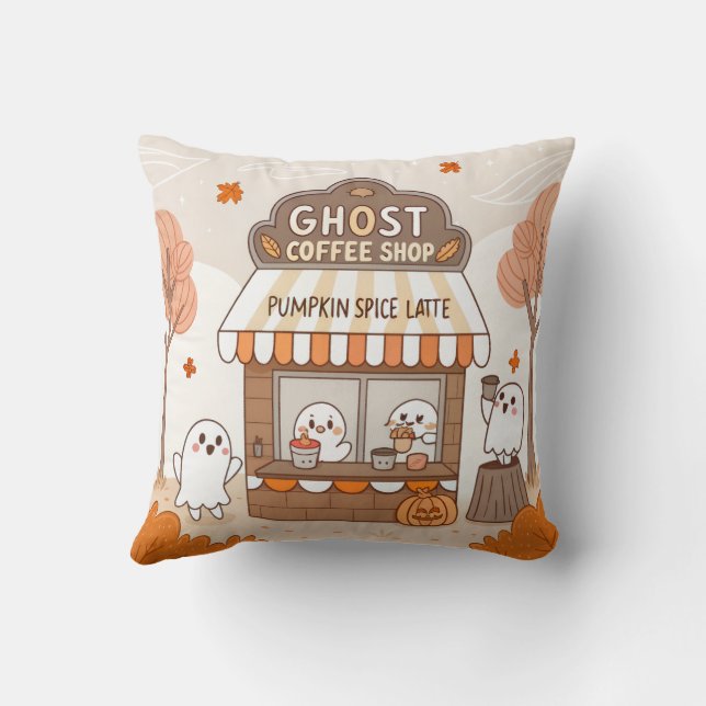 Halloween Kawaii Ghost Barista Illustration Kissen (Rückseite)