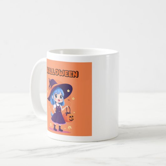 Halloween Kawaii Witch Mug – Blue Hair Pumpkin Kaffeetasse (Vorderseite Links)
