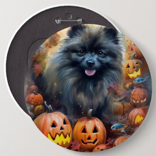 Halloween Keeshond mit Pumpkins Beängstigend Button (Vorne & Hinten)