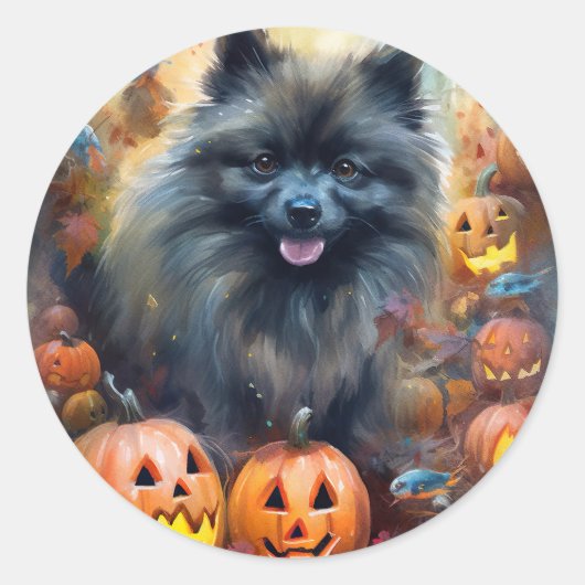 Halloween Keeshond mit Pumpkins Beängstigend Runder Aufkleber (Vorderseite)