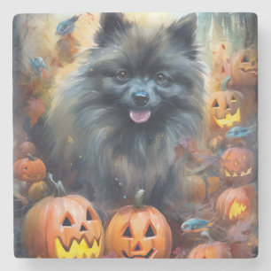 Halloween Keeshond mit Pumpkins Beängstigend Steinuntersetzer
