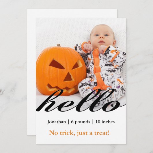 Halloween kein Trick nur ein Leckerei Baby Foto Ankündigung (Vorne/Hinten)