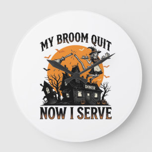 Halloween-Kellnerin-Shirt Besen Zerbrochen Humor_1 Große Wanduhr