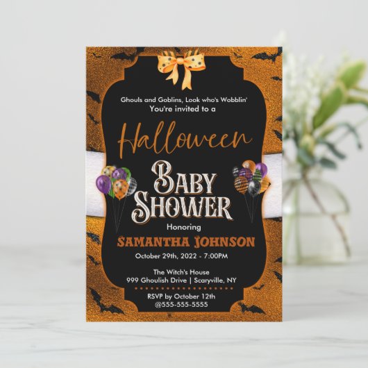 Halloween-Kinderdusche Einladung mit Fledermäusen (Stehend Vorderseite)