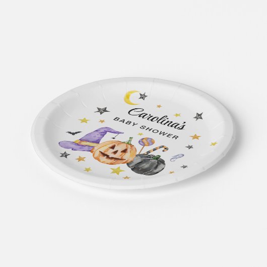 Halloween-Kinderdusche Pappteller (Schrägansicht)