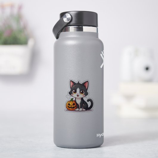 Halloween Kitten - Schwarzer und Weißer Chibi Aufkleber (HydroFlask)