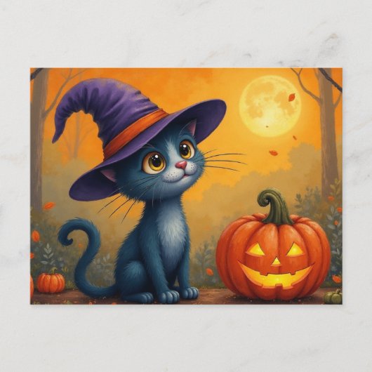 Halloween Kitten und Jack O'Lantern Feiertagspostkarte (Vorderseite)