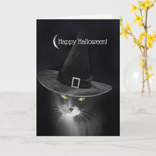 Halloween Kitty mit Hexenhut Darling und Niedlich Karte (Gelbe Blume)