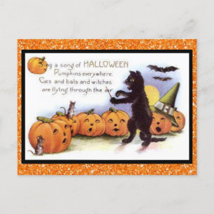 Halloween Kitty, Pumpkin Chorus Vintag Glitterie Postkarte