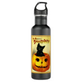 Halloween Kitty sitzt in der Kürbislaterne Edelstahlflasche (Vorderseite)