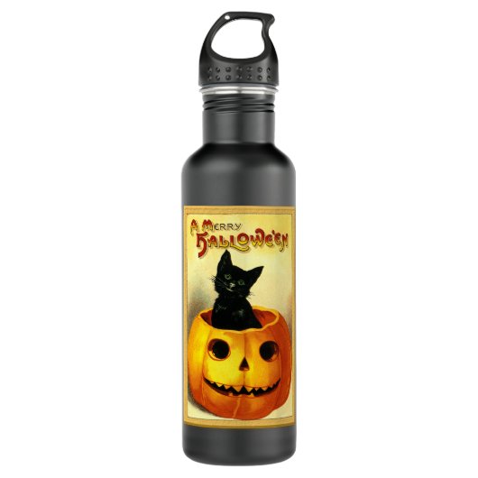 Halloween Kitty sitzt in der Kürbislaterne Edelstahlflasche (Vorderseite)