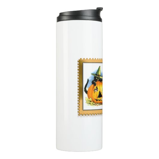 Halloween Kitty sitzt in der Kürbislaterne Thermosbecher (Nach links gedreht)