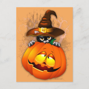 Halloween Kitty Witch and Pumpkin Friend Postcard Postkarte