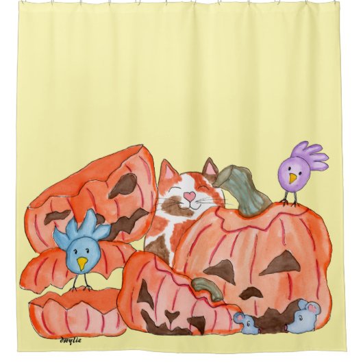 Halloween-Kitty & ZERquetschte Kürbisse Duschvorhang (Vorderseite)