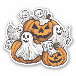 Halloween: Kleine Geister mit Kürbissen - Aufkleber