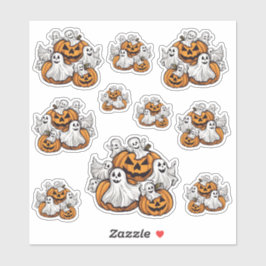 Halloween: Kleine Geister mit Kürbissen - Aufkleber