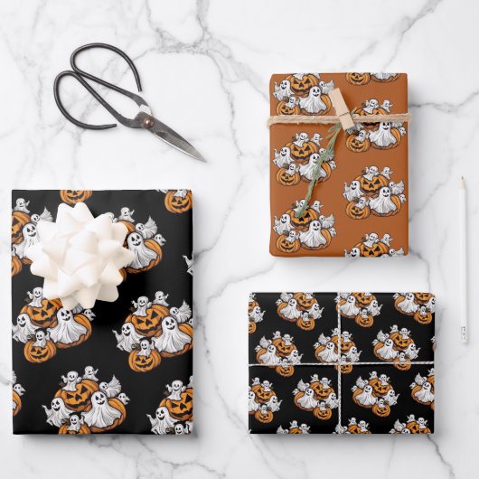 Halloween: Kleine Geister mit Kürbissen - Geschenkpapier Set (Vorderseite)
