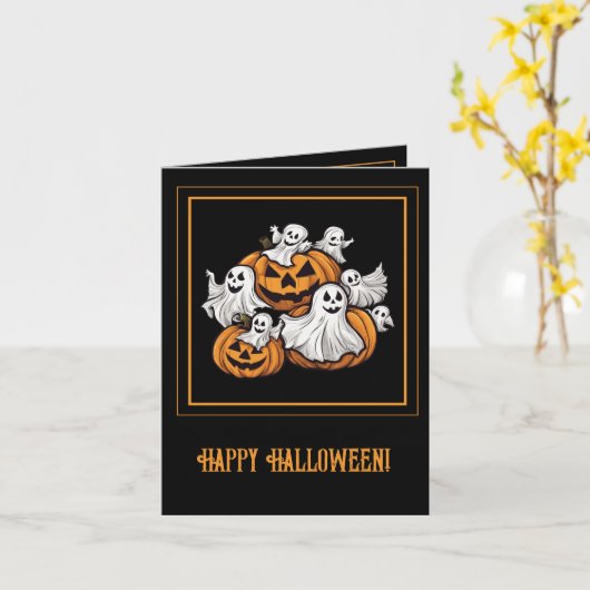 Halloween: Kleine Geister mit Kürbissen -  Karte (Gelbe Blume)