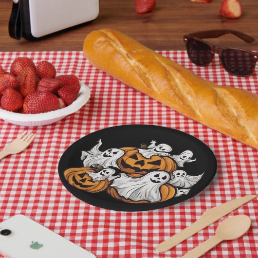 Halloween: Kleine Geister mit Kürbissen -  Pappteller (Picknick)