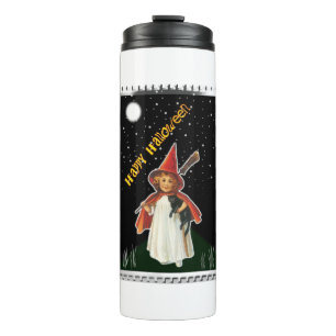 Halloween - Kleines Mädchen mit Besen und schwarze Thermosbecher