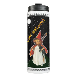 Halloween - Kleines Mädchen mit Besen und schwarze Thermosbecher