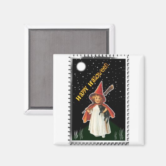 Halloween - Kleines Mädchen mit Broom und schwarze Magnet (Vorderseite/Rückseite)