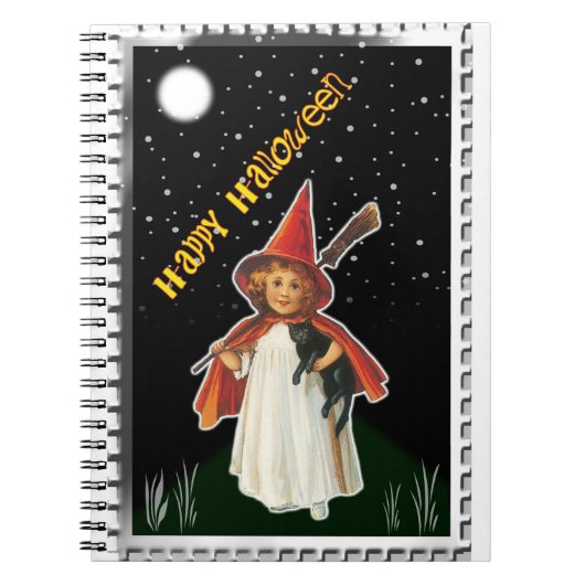 Halloween - Kleines Mädchen mit Broom und schwarze Notizblock (Vorderseite)