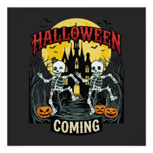 Halloween Kommende Tanzende Skelette Schloss Kürbi Poster